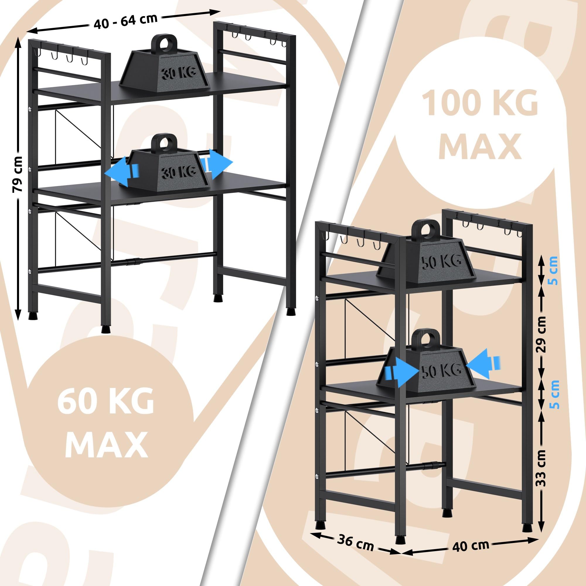 CLP Scaffale per microonde Marana verticale a più livelli I Larghezza variabile I Ideale per il piano di lavoro in cucina, Colore:nero, Dimensione:3 stadi
