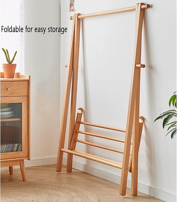 Wooden Clothes Rack Portable Garment Shelves Freestanding Clothing Stand Storage Shelf Hanging Rod Stable Triangular Frame for Entryway Bedroom Living Room (Size : 60 * 46 * 150CM)