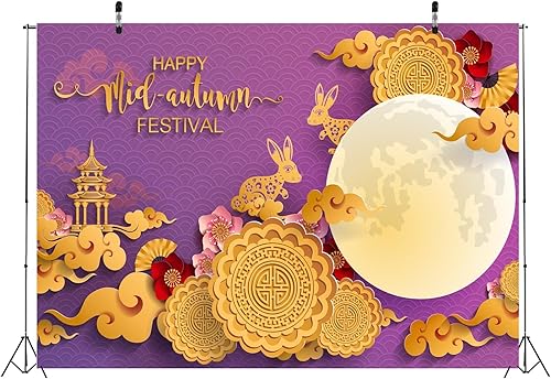 Miniatura 10 de Loccor Telón de fondo de festival de mediados de otoño de 5 x 3 pies, faroles rojos, pastel de luna, conejos, flores, luna llena, fotografía, fondo,