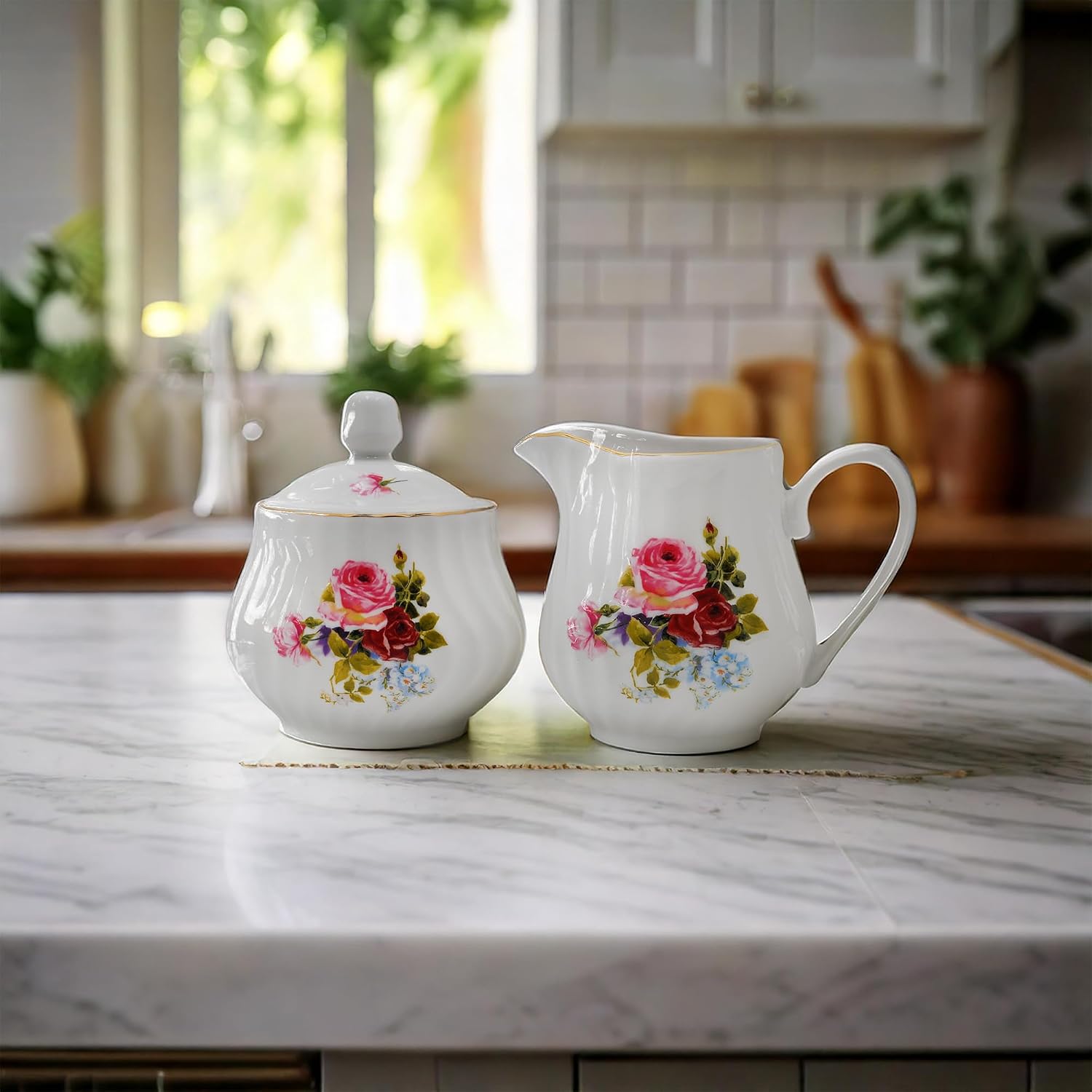 Sugar and Creamer Set - Porcelain Sugar and Creamer Vintage Tea Set with Gold Trims & Embossed Swirls - Exquisite Fine China Tea Set for Parties & Celebrations - Philomena set by Lynns