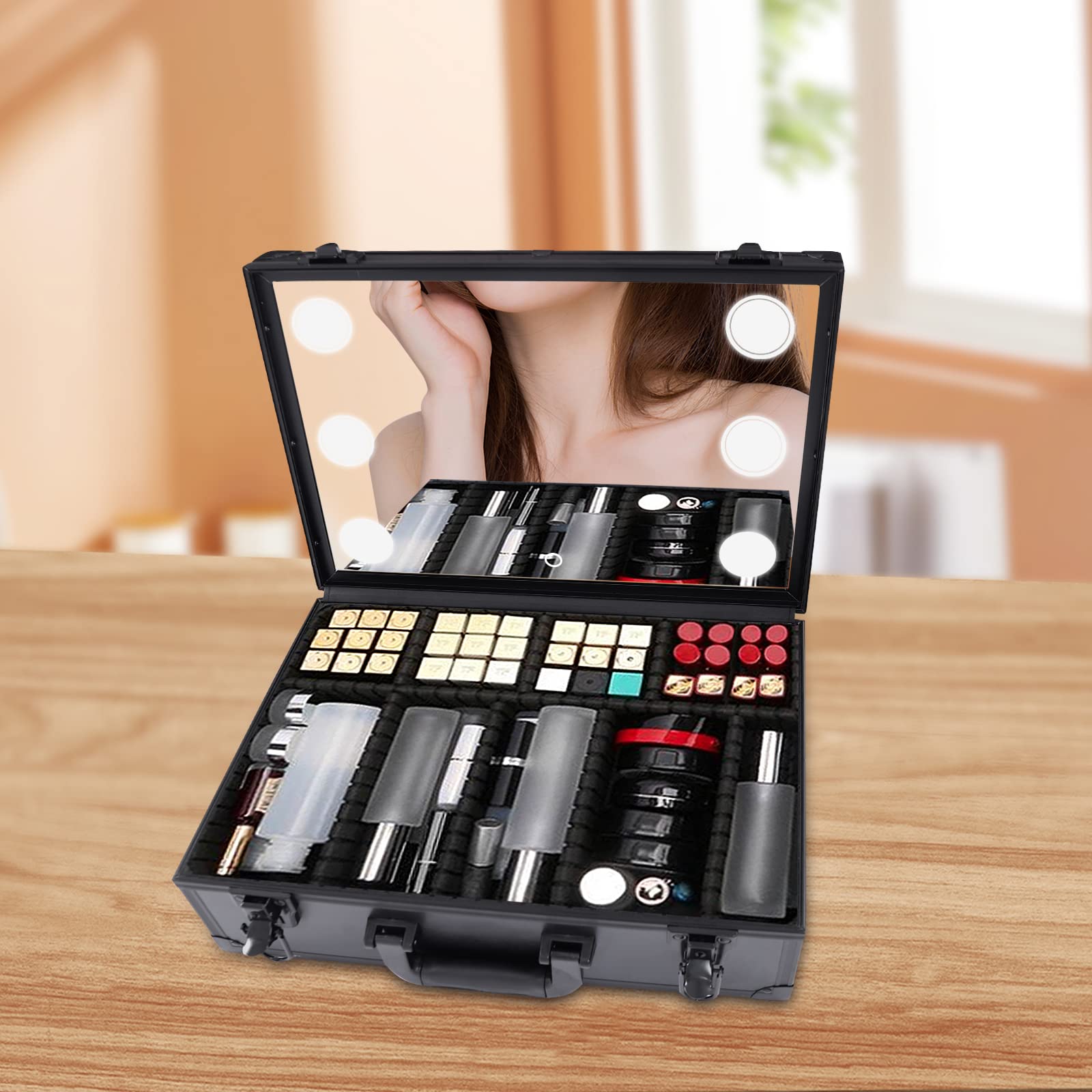 9 Fächern Reise Kosmetik Aufbewahrungsbox Tragbar Schwarz Make Up Schmink Koffer Friseur mit 6 LED-Lichter Geeignet für den Einsatz in Wohnungen Hotels Schönheitssalons und Anderen Orten (42*30*15 cm)