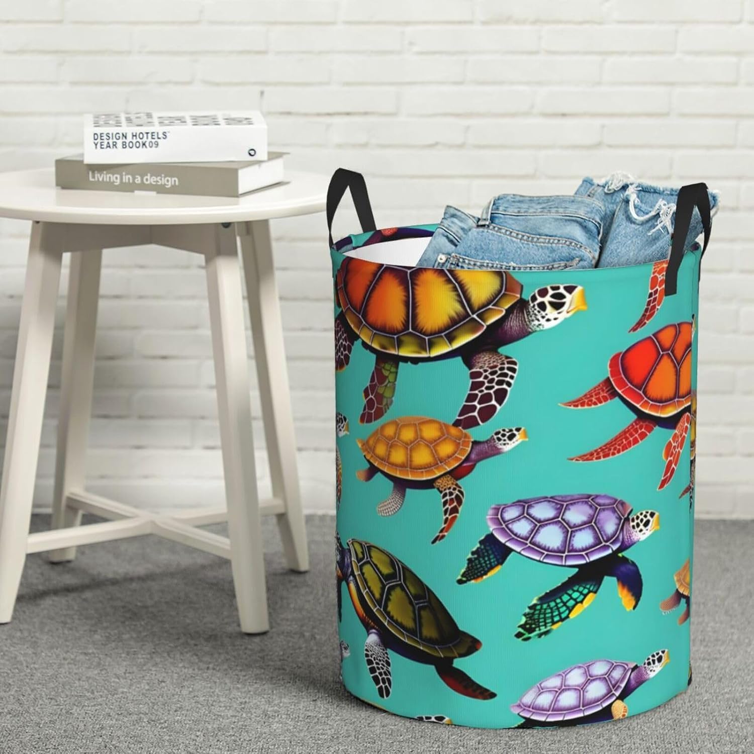 Animals Sea Turtles Round Waterproof Oxford Fabric Large Clothes Basket Laundry Hamper With Handles,Toy Storage