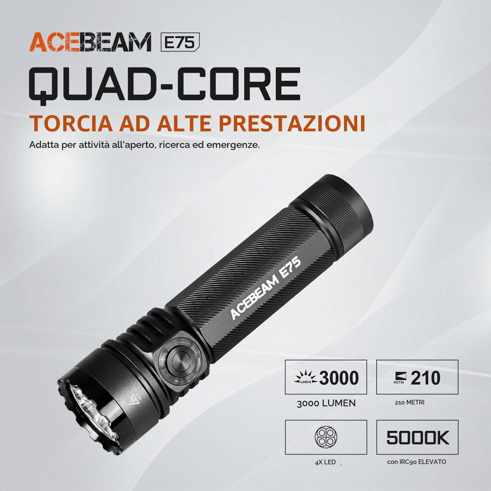 ACEBEAM Torcia E75 da 3000 lumen ad alta luminosità con base magnetica, torcia LED super luminosa ricaricabile, impermeabile IPX8, torcia tattica EDC 26 giorni, super lunga durata per campeggio, uso