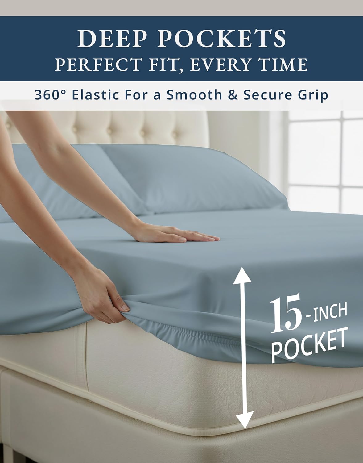 LANE LINEN 100% Egyptian Twin XL Sheets Set, Soft & Comfy Thick Fully Elasticized Mercerized Cotton Twin Extra Long Sheet Set, No Pill Fade Resistant Elegant Twin XL Bed Sheets - French Blue - Image 6