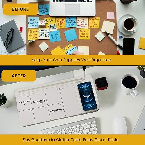 Miniatura 2 de NEXTLUXE - Pizarra blanca de cristal con cargador inalámbrico, pizarra blanca de escritorio con almacenamiento, planificador semanal, almohadilla de