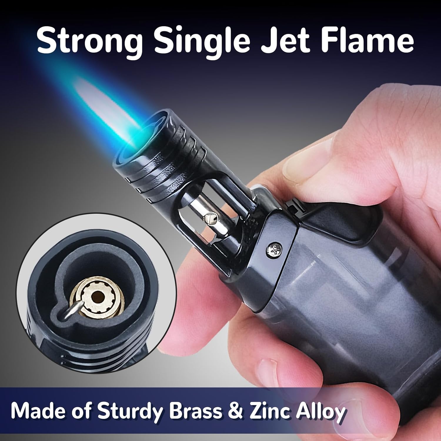 Close-up of a Laffizz Mini Butane Torch Lighter showing a strong single jet flame and internal brass and zinc alloy construction.