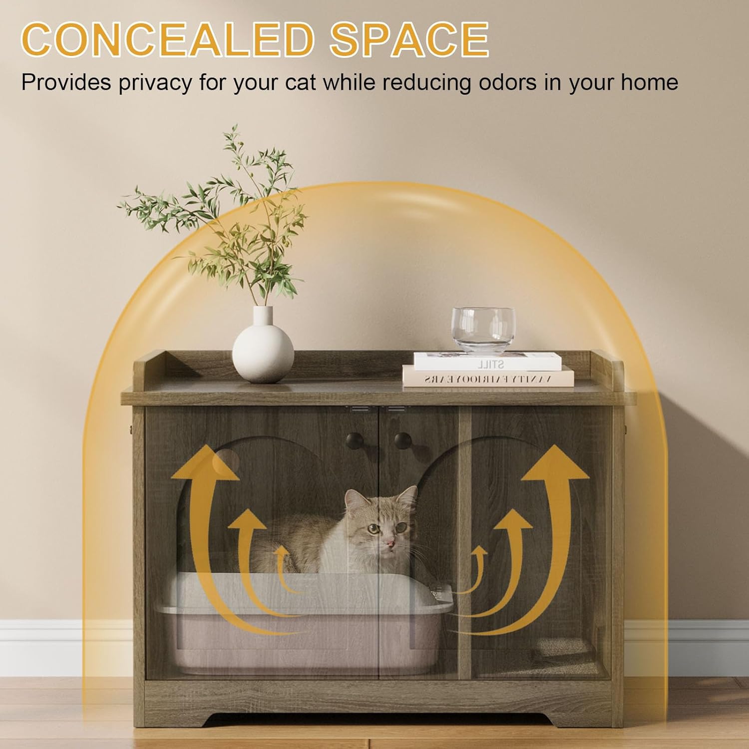 Cat Litter Box Enclosure, Hidden Litter Box Furniture with 2 Door, Pet House Fit Most of Litter Box, Dark Oak Gray