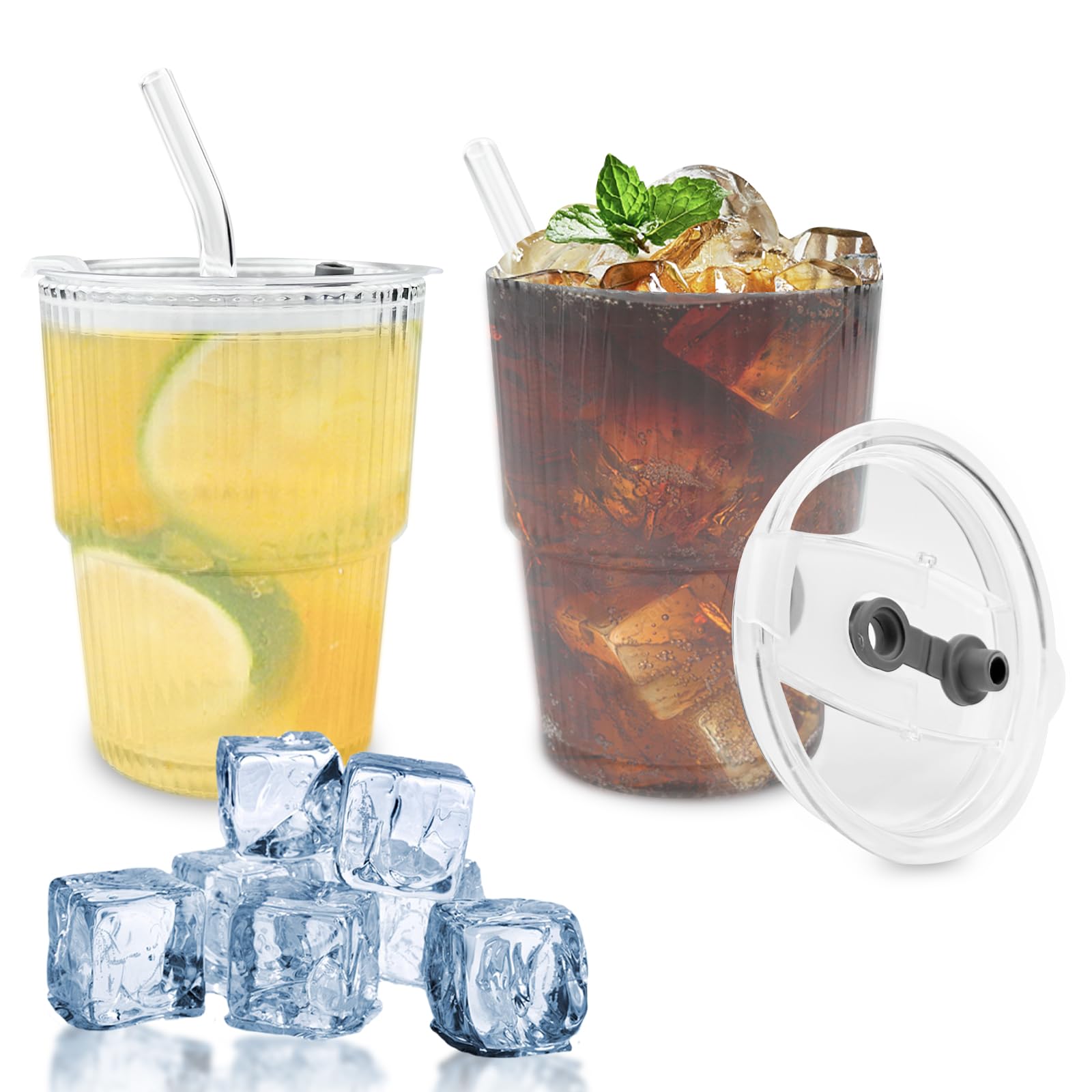 BUOAZR Lot de 2 Verres à Café 530ml - Tasses à Cappuccino et Latte Macchiato Avec Couvercle, Ondulés Avec Paille et Brosse - Pour Bière, Lait, Eau, Jus, Thé, Café
