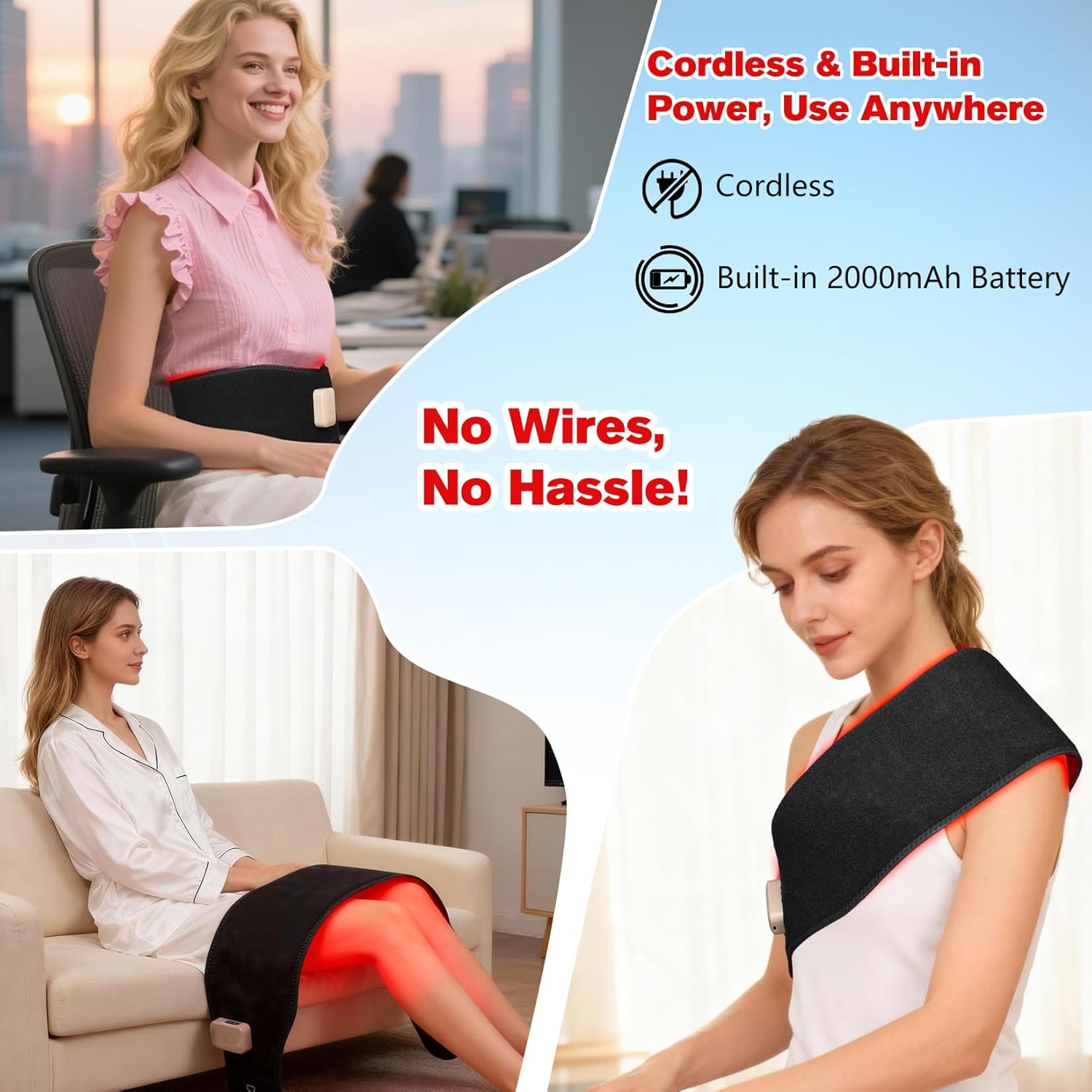 Red Light Therapy Belt for Back Pain Relief, Portable 660nm Light Therapy Wrap for Body and Waist, Rechargeable Cordless Controller SMD 3 in 1 Bulb Light for Joint Pain Relief Muscle Relax