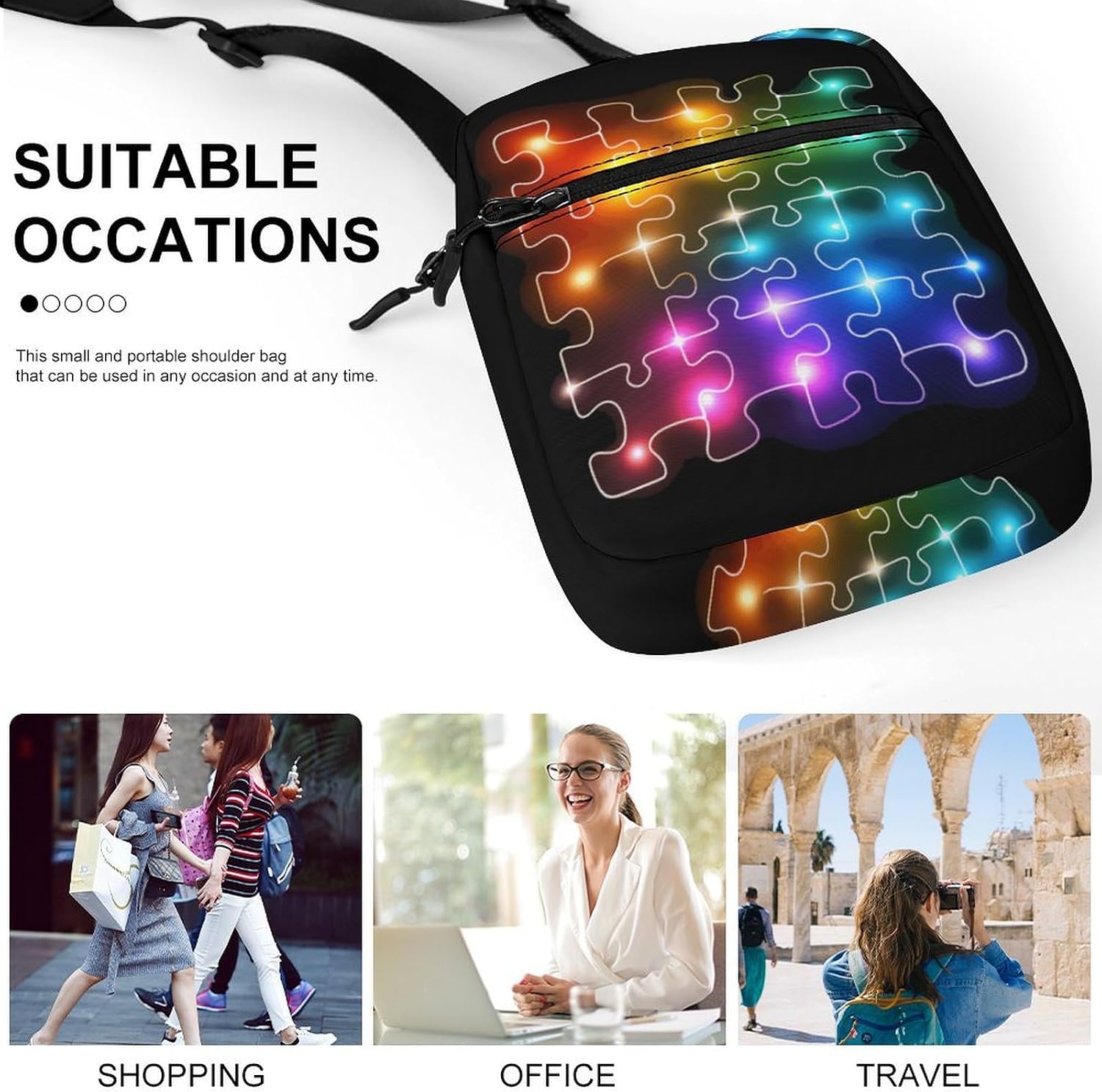 Puzzle Autism Neon Lights Small Crossbody Bag Sling Shoulder Satchel | for women men,work travel workout,detachable and adjustable shoulder strap
