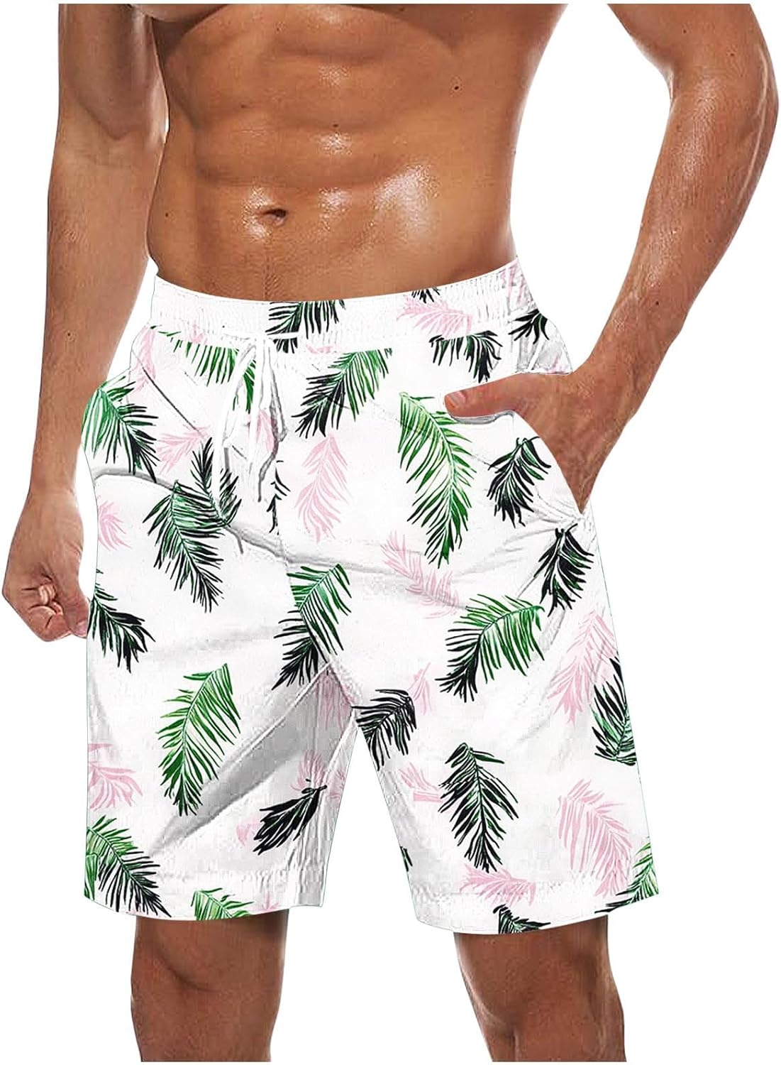 Men Swim Trunks Summer Beach Casual Shorts Hawaiian Print Lace up Elastic Waist 5''Pant Crop Sweatpant with Pocket