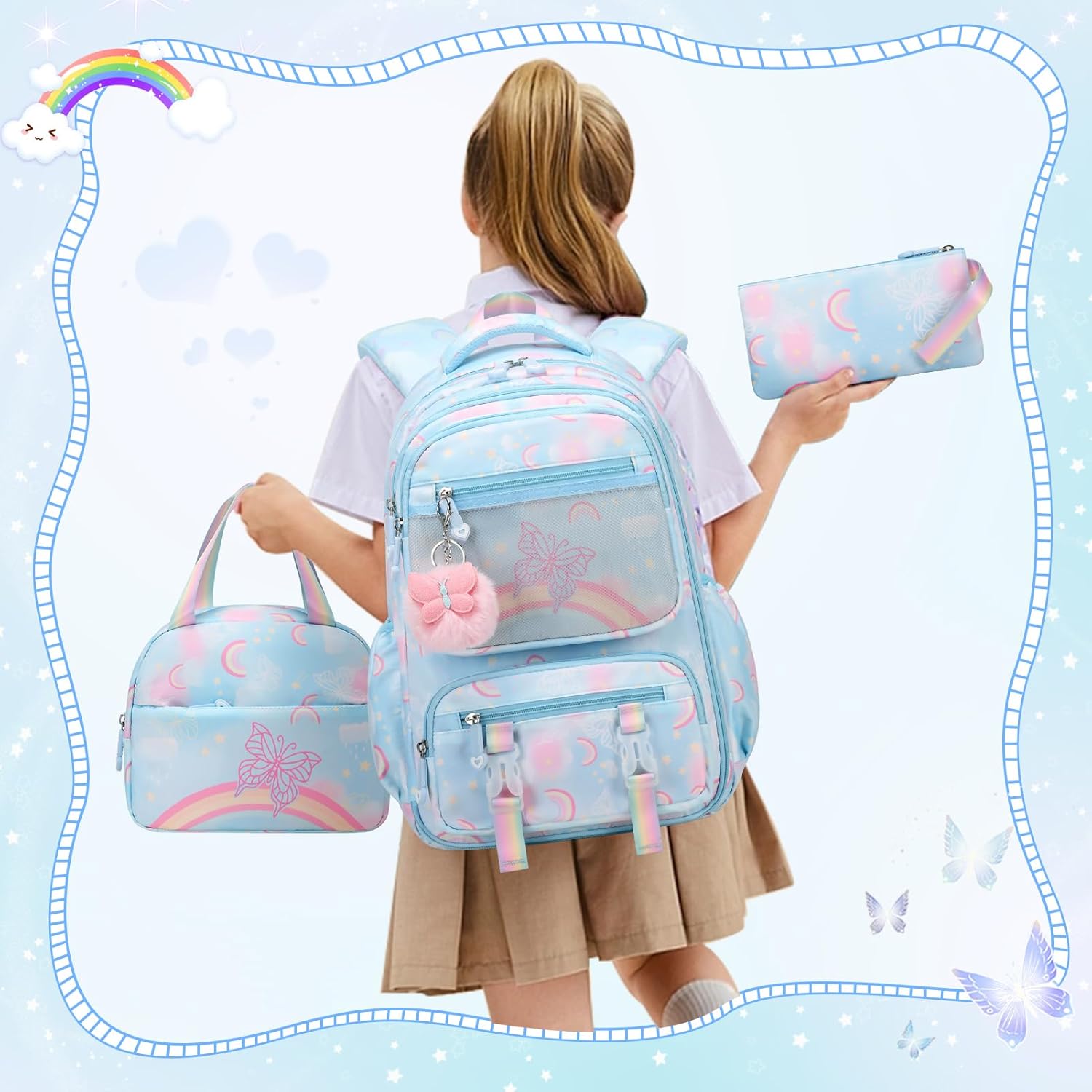 Scothen Backpack for Girls, Rainbow Butterfly Girls Backpacks with Lunch Bag Pencil Case Set, Kids Backpack Kindergarten Elementary Middle School Book Bag for Teen Girl Children Students