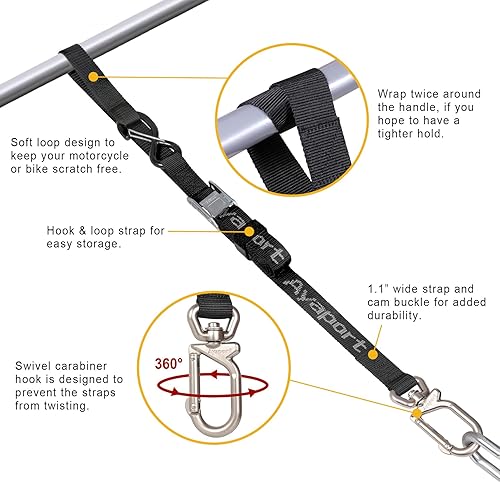 Miniatura 2 de Ayaport Correas de amarre para motocicleta de 1.1 pulgadas x 7 pies (con ganchos de mosquetón giratorios) con hebilla de leva, correa de manillar