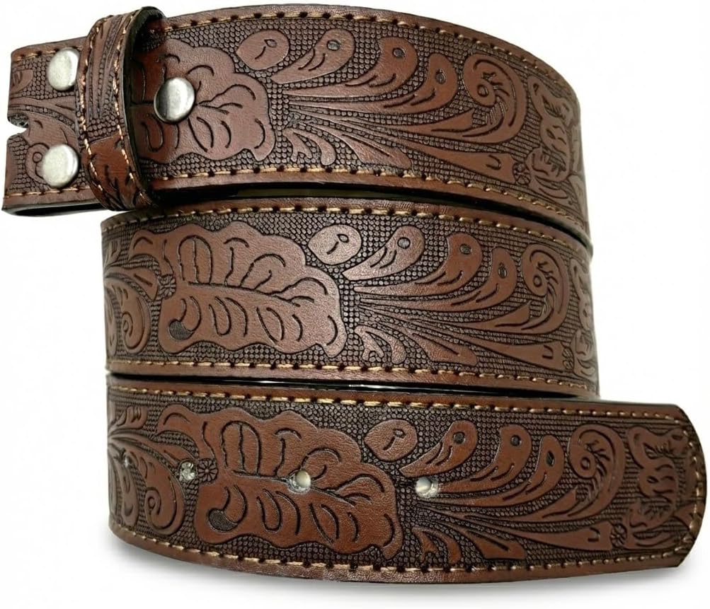 Western Leather Belt Strap - 1.5” Wide with Embossed Scrollwork Without Buckle for Men & Women, Cowboy/Cowgirl Style
