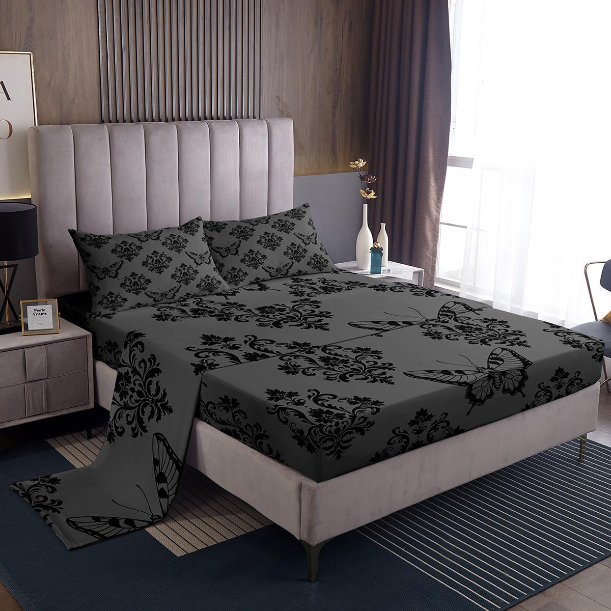 jejeloiu Vintage Damask Bed Sheets Set Queen Size Kids Bohemian Butterfly Fitted Sheet for Boys Girls Boho Goth Bedding Set Microfiber Room Decor，with 2 Pillow Cases