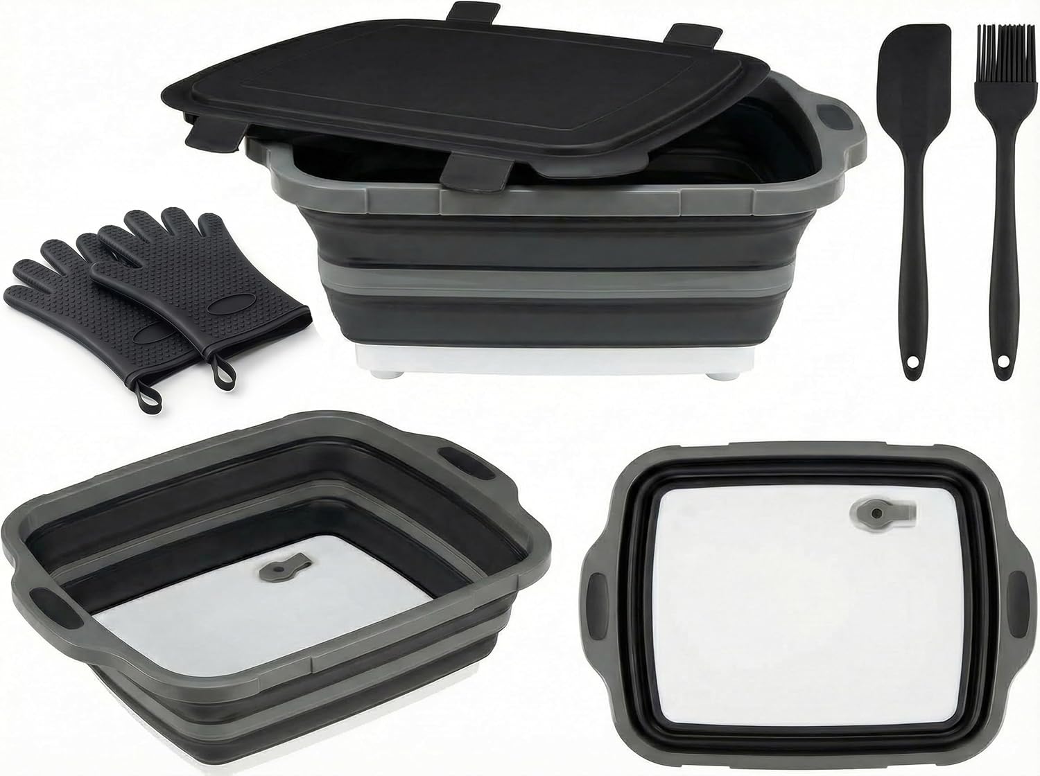 Collapsible BBQ Prep Tub with Lid & Cutting Board, 8L Meat Marinating Basin