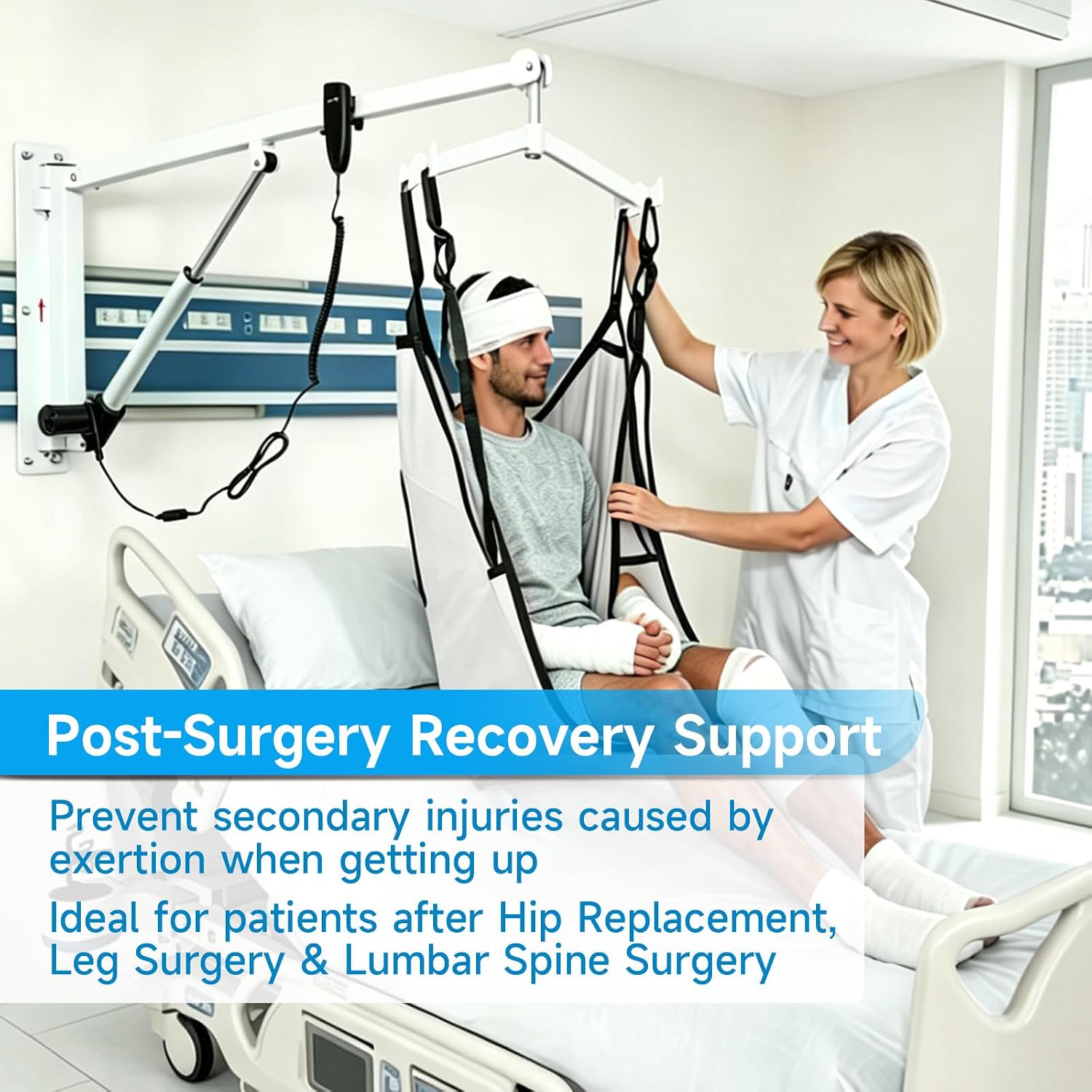 Helsevesen Electric Wall Mount Patient Lift Complete Set with Sling, Wall-Mounted Space-Saving