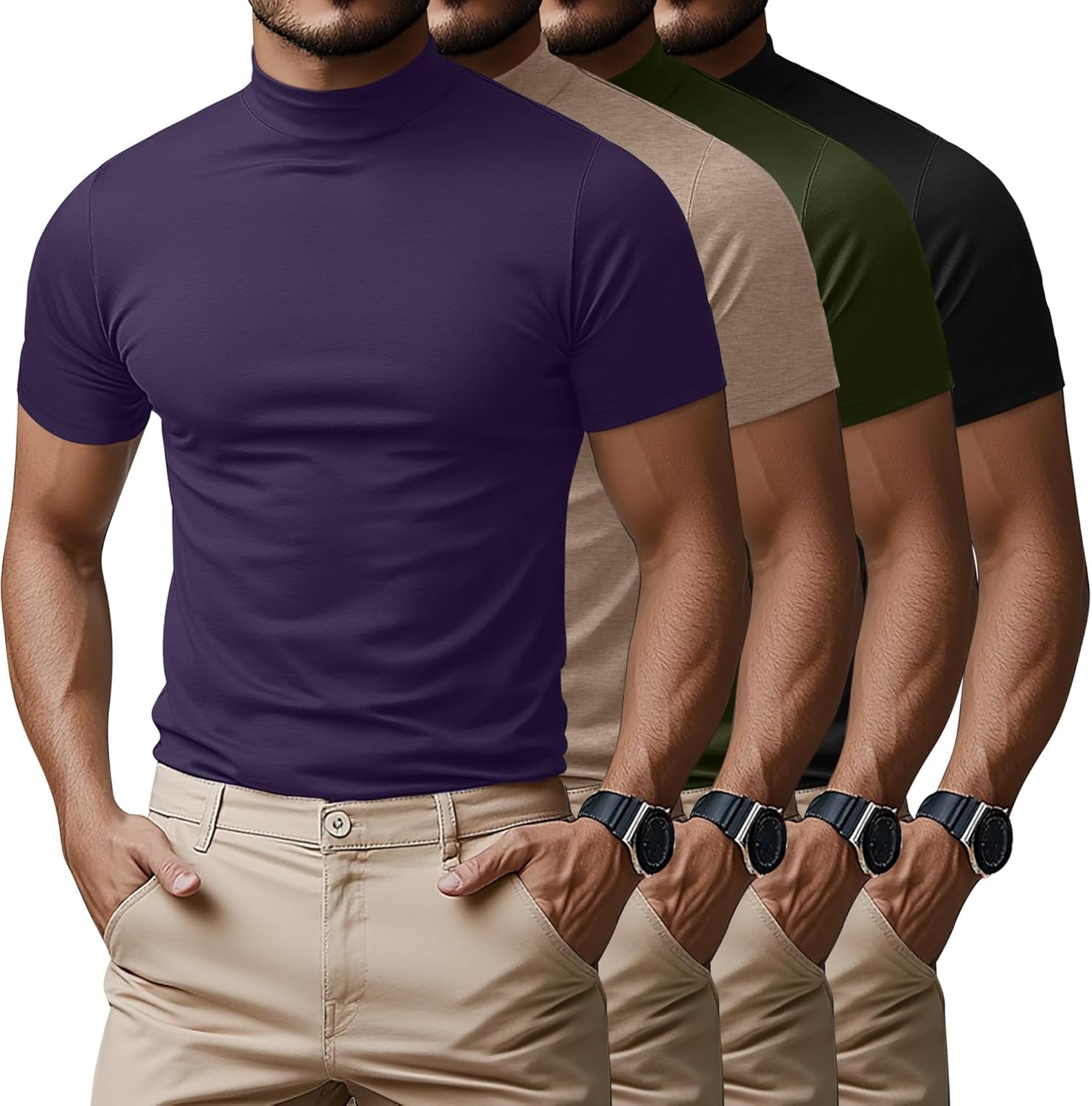 Ficerd 4 Pack Men's Mock Neck T Shirts, Short Sleeve Mock Turtleneck Undershirt Pullover Basic Tops Causal Solid Tee for Men