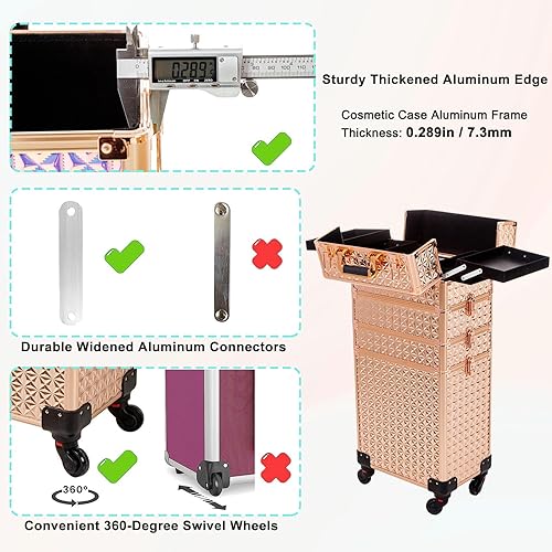 Miniatura 7 de Estuche de maquillaje profesional 5 en 1, estuche de aluminio para cosméticos, estuche de maquillaje con ruedas giratorias de 360 , Oro, Estuche de