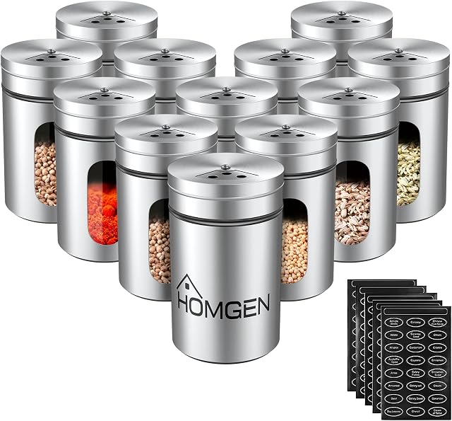 HOMGEN Spice Jars Set, Popular 12pcs 304 Stainless Steel Spice Jars Set, Spice Organiser BBQ Spice Storage Containers Storage Spice Tins Set Spice Container for Salt Black Pepper ect