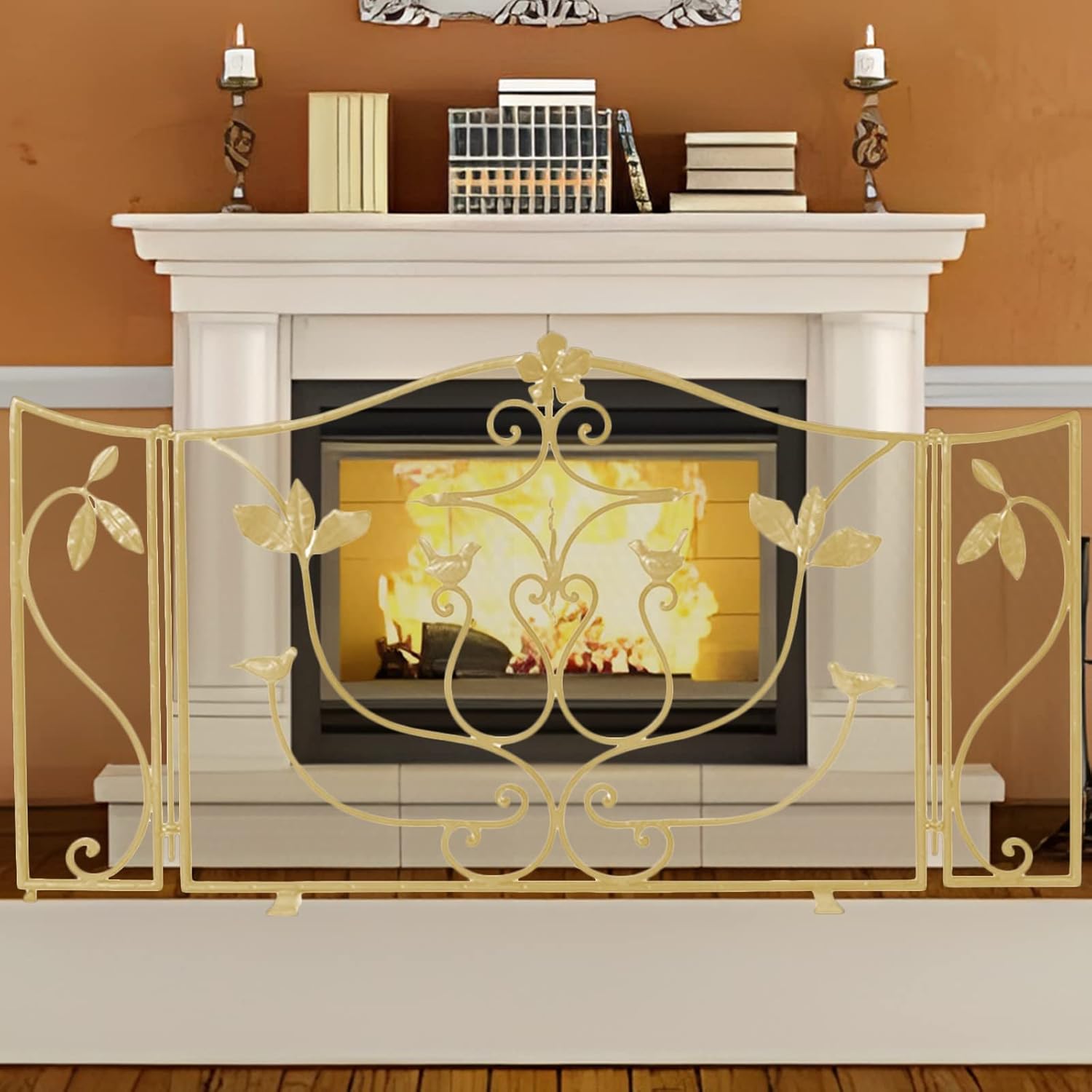 140cm Wide 3-Panel Fireplace Screen Guard, Child Proof Fire Place Gate for Wood & Gas Fireplaces, Decorative Metal Mesh Fence with Scroll Bird Design (Color: Black, Gold)