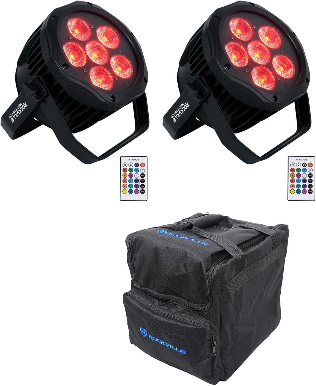 Rockville Best PAR H2O Bundle: (2) Water Resistant Indoor Outdoor Battery Powered RGBWA+UV Wireless DMX Par Lights, RLB40 Padded Travel Bag for Two Fixtures, 3-Items