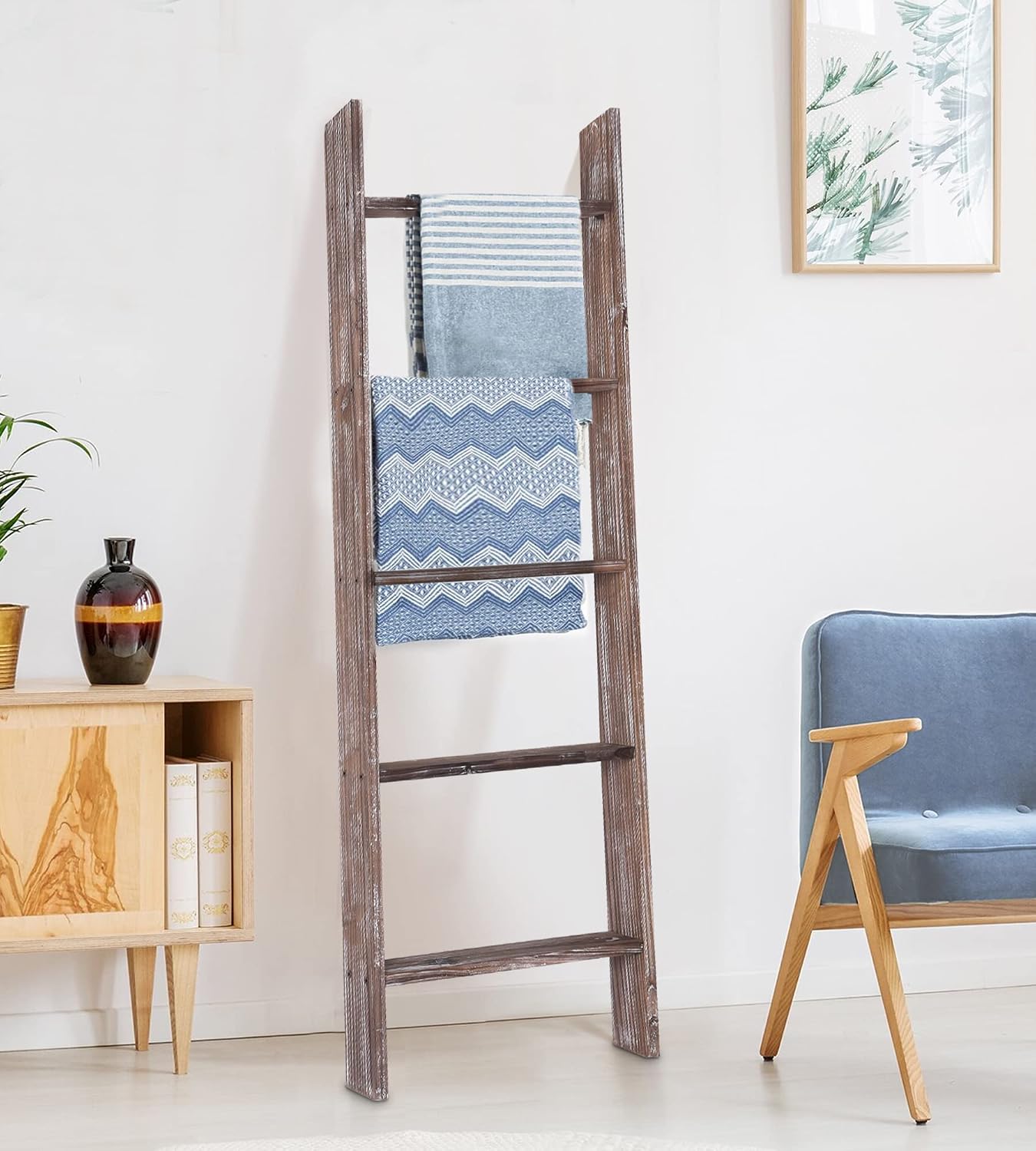 RHF 54" Extra Thick Blanket Ladder,Rustic Wood Ladder, Decorative Heave Duty Ladder for Blanket, Farmhouse Blanket Ladder, Storage Ladder Shelf, Assembly Required, 4.5-Feet (Rustic Brown, 4.5 Ft)