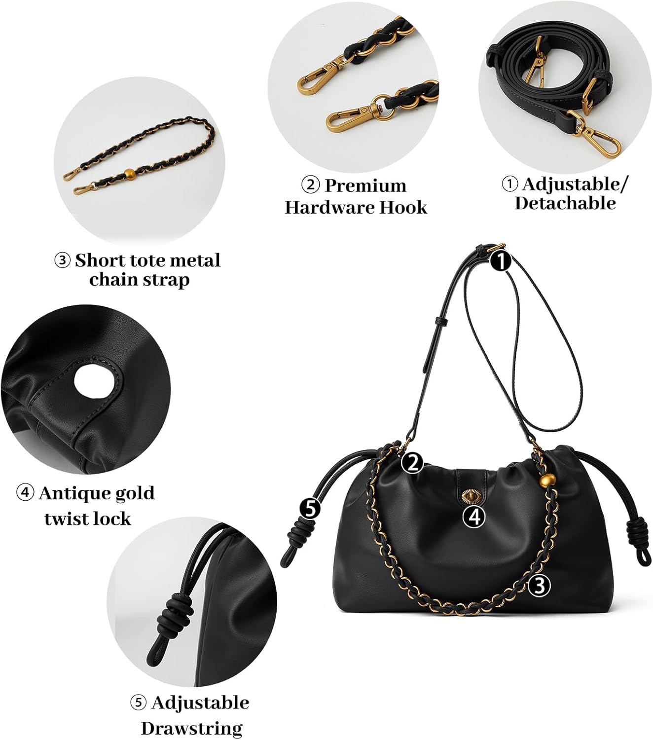 Bucket Hobo Purse for Women. Designer Drawstring Shoulder Bag with Top Chain Tote Handle and Long Crossbody Strap - Image 5