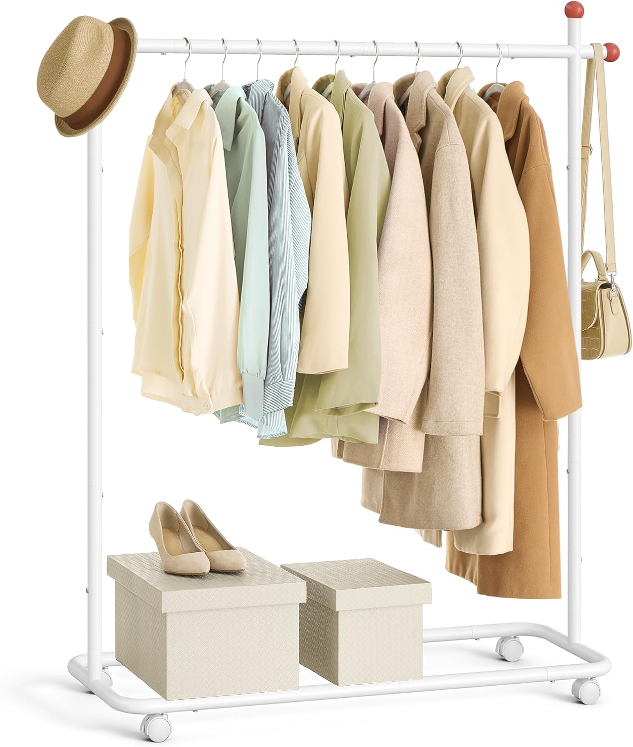 SONGMICS HOME Clothes Rail, Clothes Rack on Wheels, Portable Clothing Rack, with 1 Clothes Hanging Rail, Matchstick-Shaped Hooks, Matte White HSR170W01