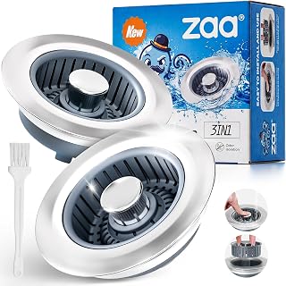 zaa 3 in 1 Kitchen Sink Stopper Strainer Basket Pop-Up Removable 2 Pack | Kitchen Sink Accessories Silver Stainless Steel - Debris Catcher, Anti-Clog Seal, Universal Fit 3.5", Quick Drain