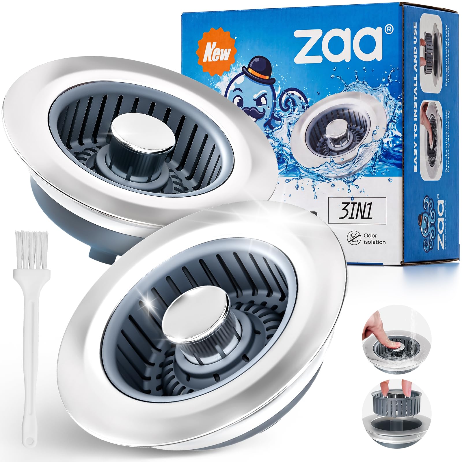 zaa 3 in 1 Kitchen Sink Stopper Strainer Basket Pop-Up Removable 2 Pack