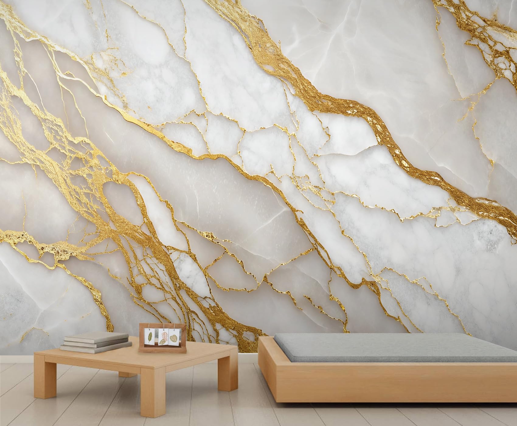 Papier peint marbre or blanc luxe pour salon design élégant 200x140cm