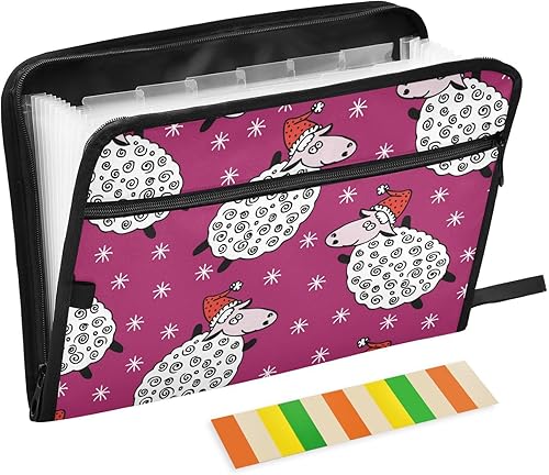 Cartoon Kawaii Sheeps Stars Hot Pink Expandable Folders 13 Pockets A4 Letter Size Organizer with Pockets with Zipper Closure Document File Folder