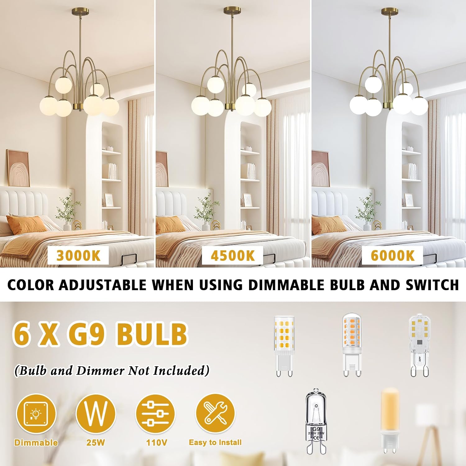 MEIJIA 6 Light Mid Century Modern Chandelier, Sputnik Chandeliers with Milk Glass Globe Shades, Gold Chandelier Light Fixture for Dining Room Bedroom Kitchen Living Room Entryway