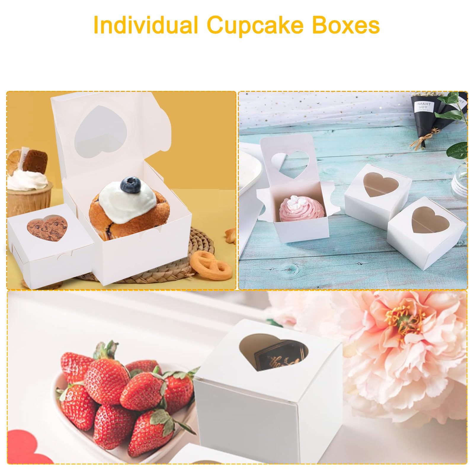 100 scatole piccole per torte, piccole scatole bianche per torte da 10 cm, con finestra trasparente ed etichette, scatole singole per cupcake, porzioni, regali, caramelle, biscotti, cupcake