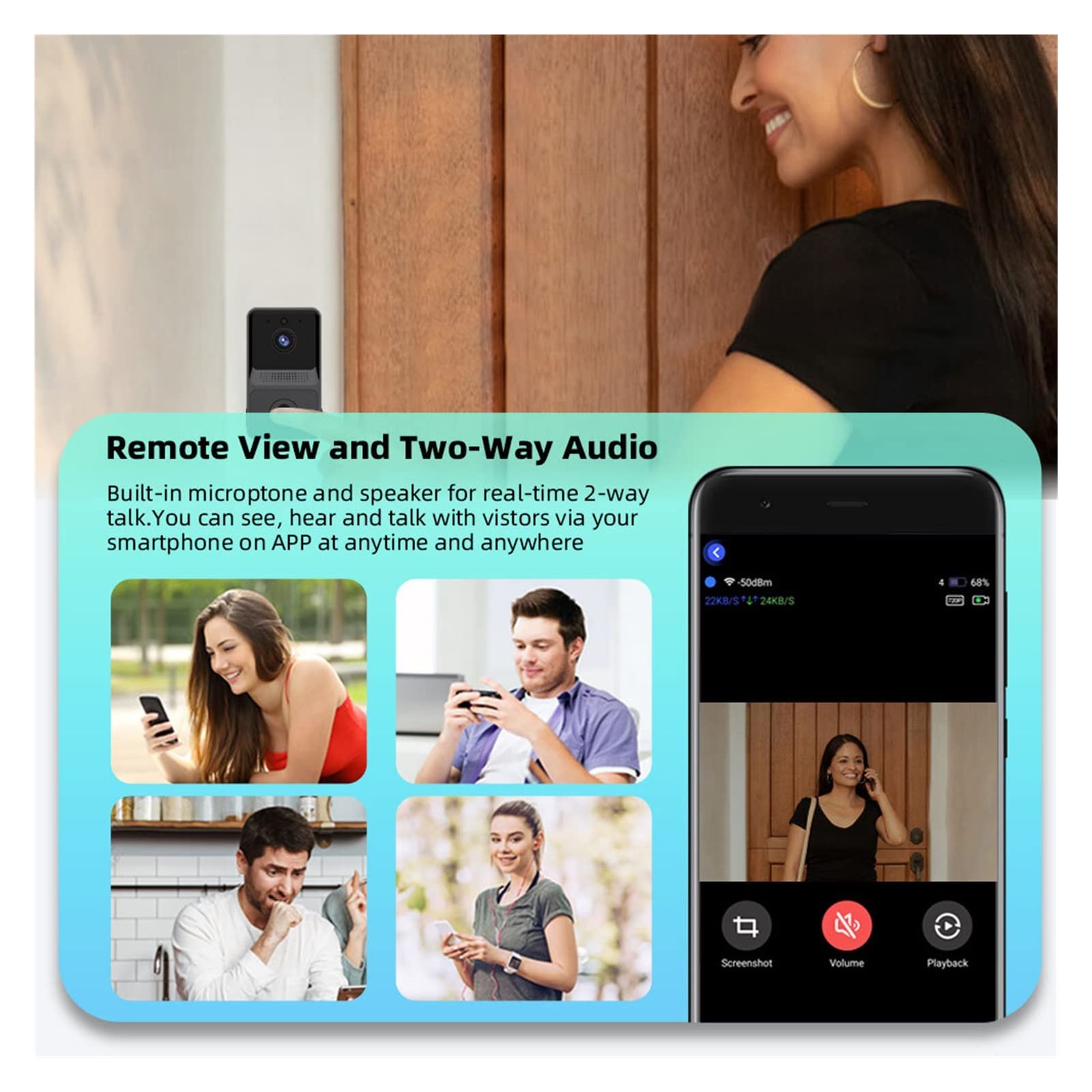 Sonnette sans Fil avec Camera, Interphone sonnette caméra extérieure sans fil sonnette de porte alimenté par batterie sécurité à domicile alarme vidéo sonnette moniteur caméra ,Maison Intelligente