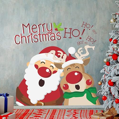 Calcomanías de pared de Navidad, calcomanías de pared de Navidad de Papá Noel, calcomanías de pared extraíbles, vinilo de Navidad de renos