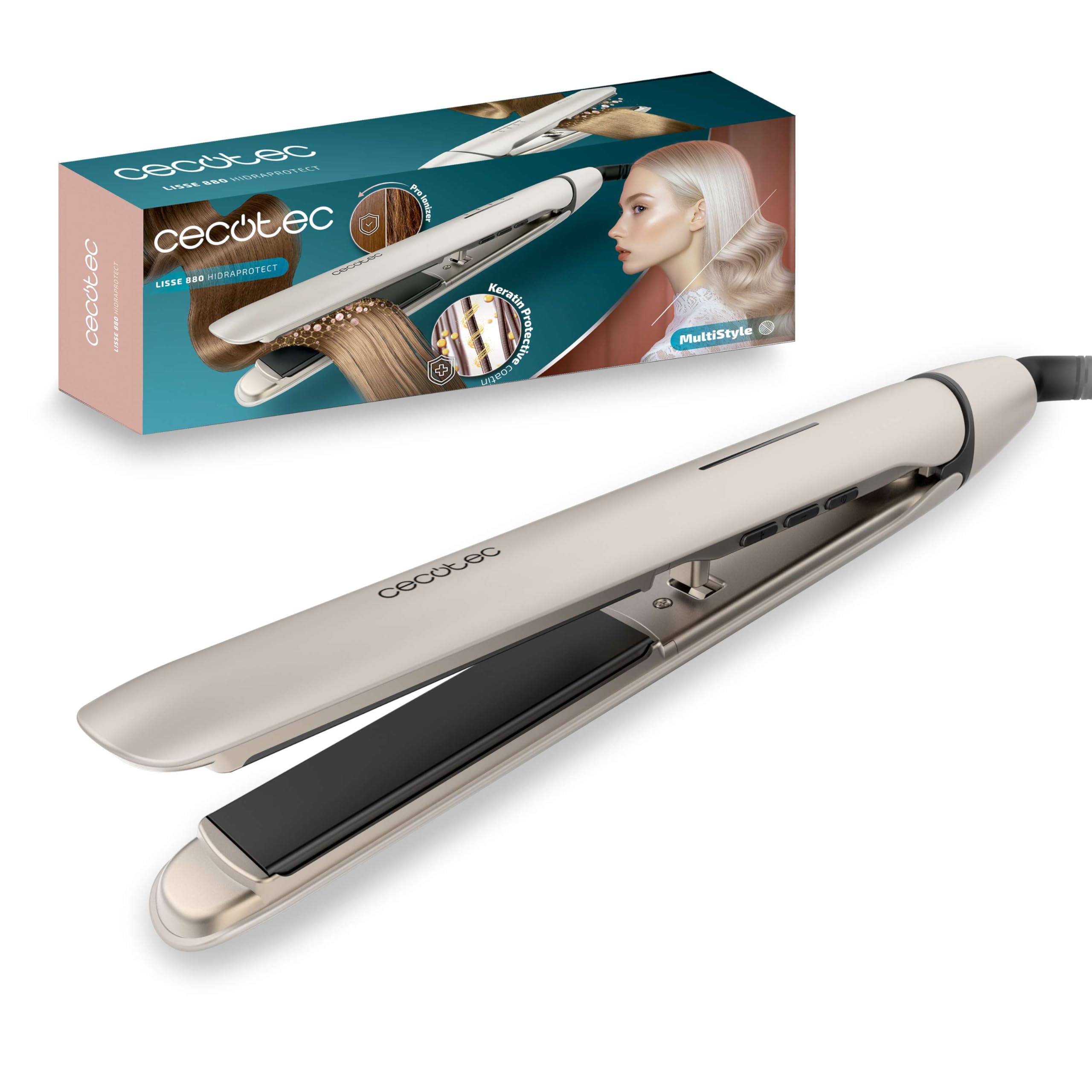 Cecotec Lisse 880 HidraProtect Saç Düzleştirici, İnce Saçlar İçin, 48 W, Turmalin, Keratin Kaplama, Argan Yağı, Pro İyonizer, 3D Yüzen Plakalar, 4 Sıcaklık, LED Göstergeli