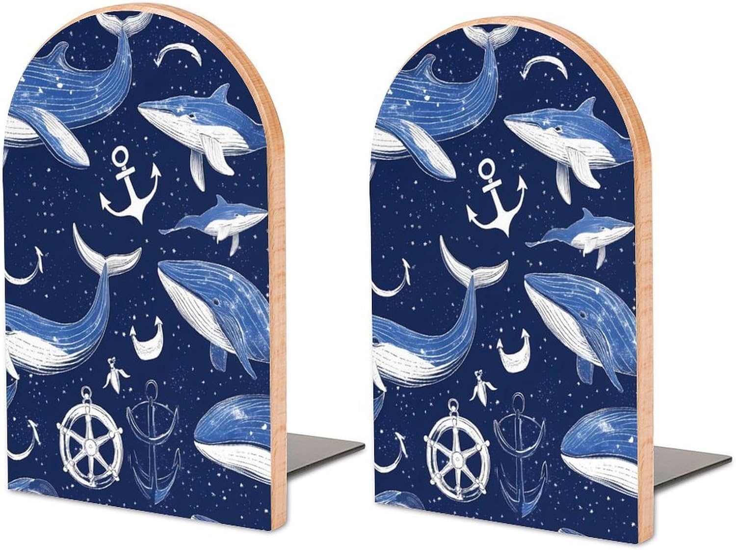 Nautical Whales Steering Wheels Cute Wood Book Ends Decorative Bookends 1 Pair Non-Skid for Shelves Home Office 7 X 5 Inch