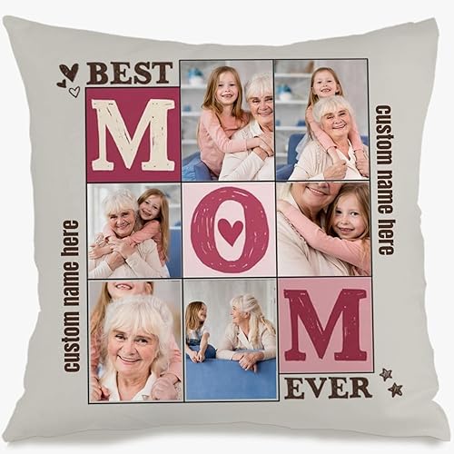 Personalized Throw Pillow Cover with 6 Images and Words for Mom, Soft Cushion Great as a Touching Gift for Anniversaries Christmas or Birthdays