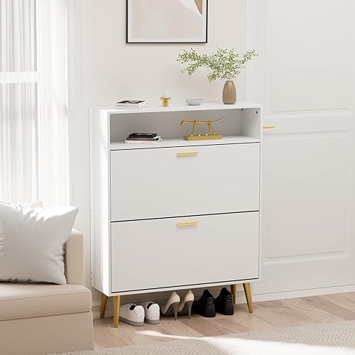 Miniatura 3 de JOZZBY Juego de 2 zapateros para entrada, armario de zapatos blanco con 2 cajones abatibles, armario delgado de almacenamiento de zapatos,
