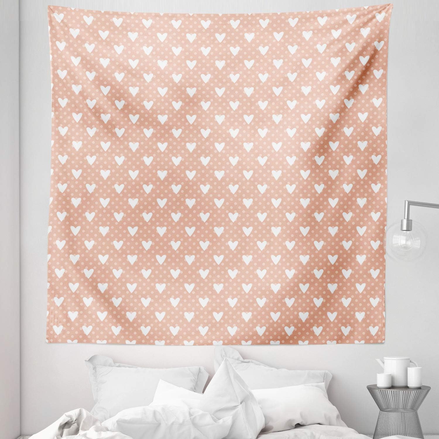 Lunarable Valentine Tapestry King Size, Pattern with White Hearts and Pastel Polka Dots Romantic Retro, Wall Hanging Bedspread Bed Cover Wall Decor, 30" X 45", Pale Pink White Peach