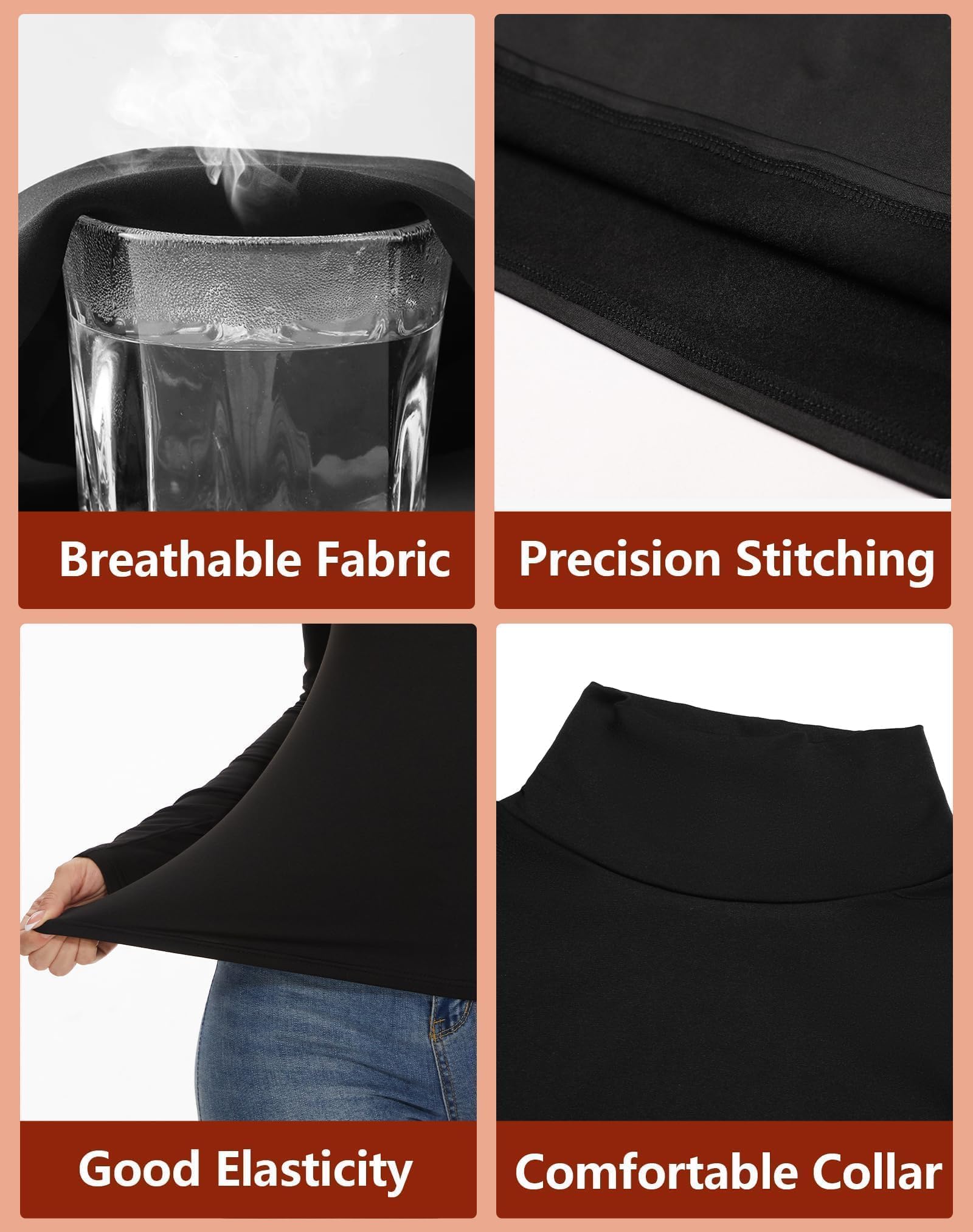 Dalavch Thermo-Rollkragen-Shirts für Damen, Rollkragen-Shirts, Fleece-gefüttert, Kompressions-Langarm-Unterhemden, 4 Stück