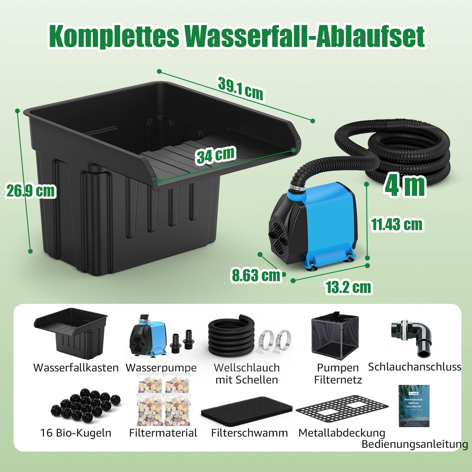 Teichwasserfall-Auslaufset, Teichwasserfall-Filter mit 3700l/h leiser Pumpe und Filterkäfig, 4m gewellter Schlauch, Filtermaterial für Außenteiche bis 11300l