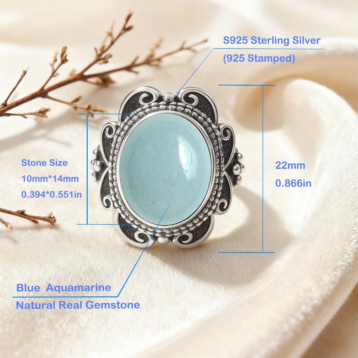 Sterling Silver Natural Stone Ring,Retro Antique Vintage Oval Genuine Real Crystal Quartz Gemstone Wide Boho Bohemian Statement Chunky Ring for Women