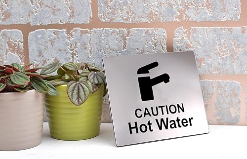Miniatura 3 de Caution Hot Water, letrero para fregadero con adhesivo en la parte posterior, plateado metálico grabado en negro con símbolo de icono universal y