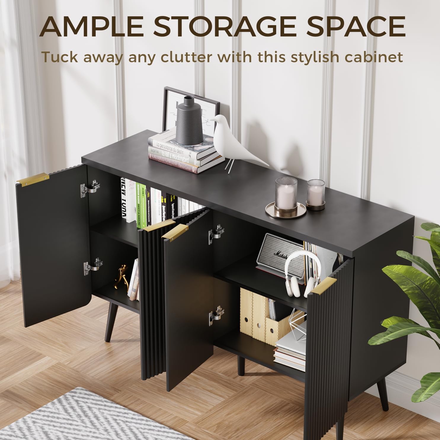 4-Door Fluted Sideboard Buffet Cabinet, 47" Large Storage Cabinet with Shleves, Wood Modern Accent Credenza Kitchen Table for Dining Room, Living Room & Entryway, Black