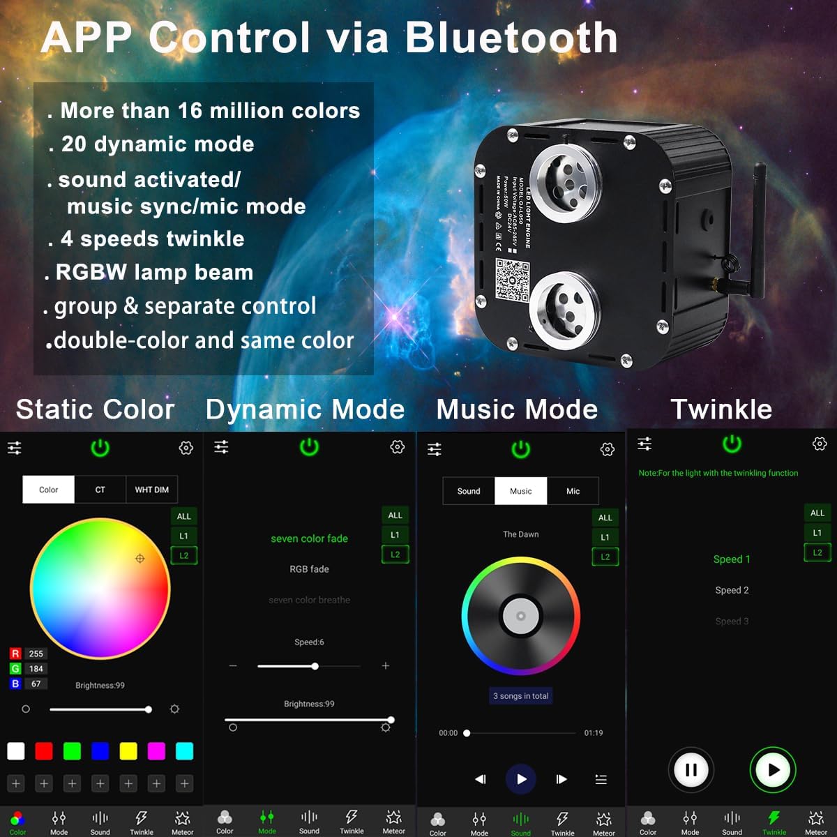 AZIMOM Updated Dual Color 50W Twinkle Fiber Optic Starlight Kits Mixed 1330pcs*16.4ft Fiber Strands End Glow Sound Activated Bluetooth/APP Remote Control Theater Ceiling Home Shop Lobby Roof Decor