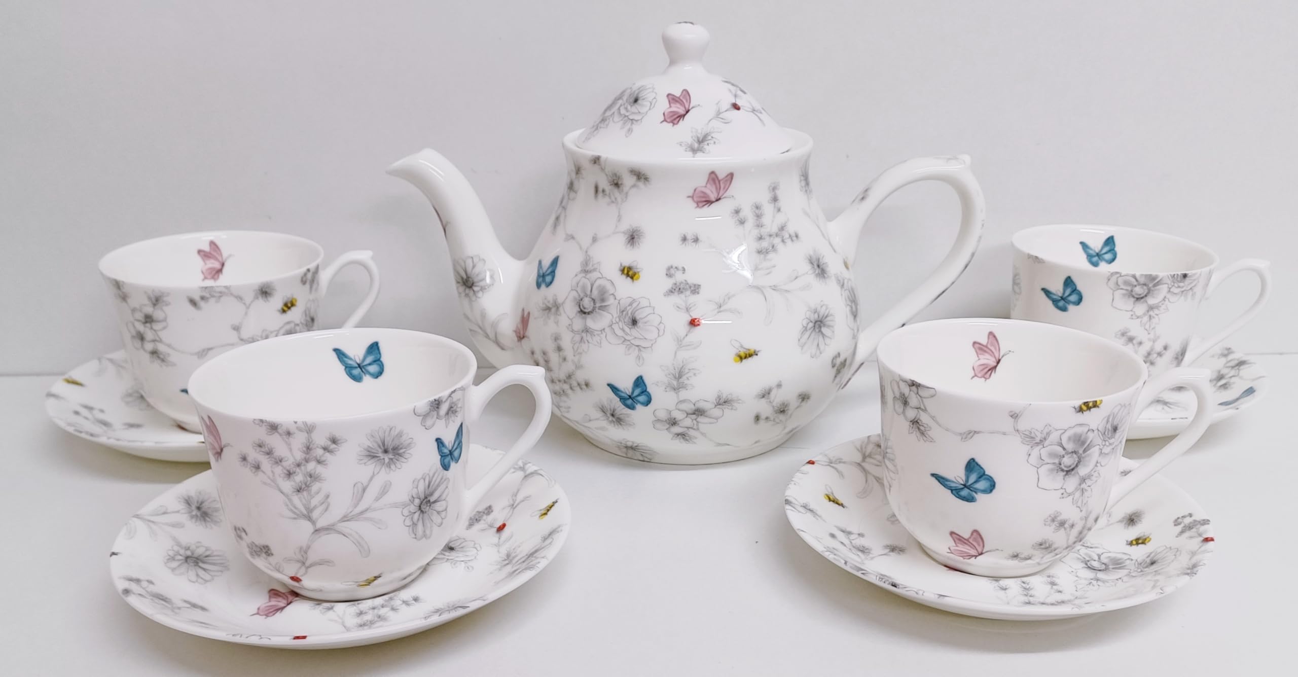 Secret Garden Tea Set 9 Piece Fine Bone China Flowers Butterflies Bees 35oz 1 Litre Teapot & 4 Cups and 4 Saucers Hand Decorated in UK