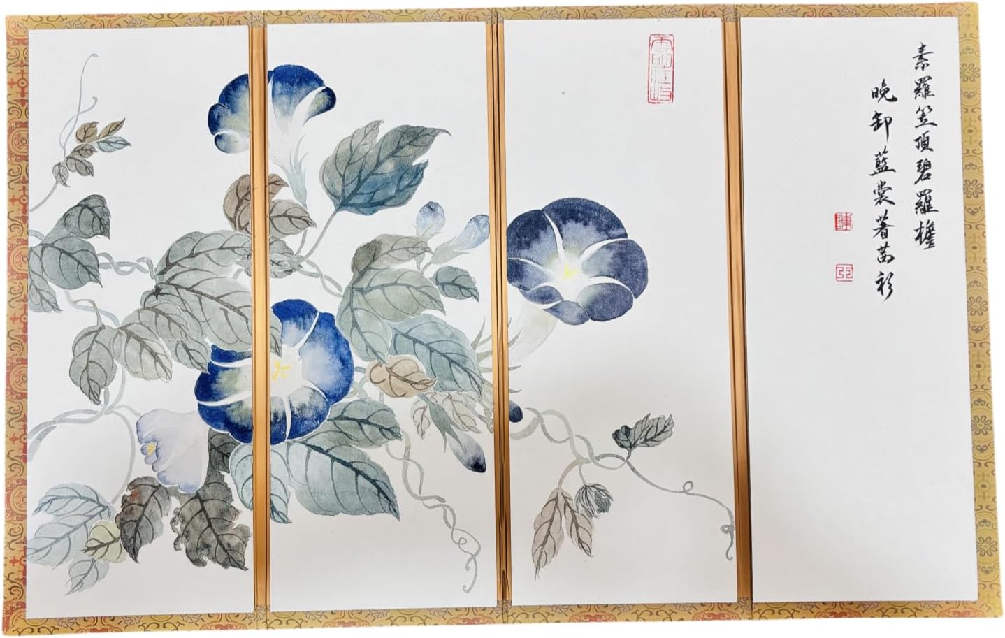 Pure Hand-Drawn mini Desktop Decorative Painting (Morning Glory) symbolizes Romantic Love. Foldable partition Screen, Movable Chinese Painting Screen Divider. Unfolded Size: 13 * 22in (35 * 56cm)